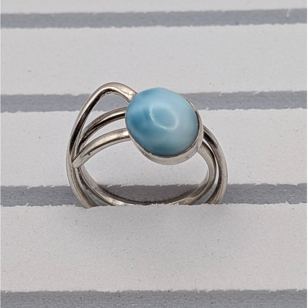 Sterling Silver Larimar Oval Cabochon Multi Band Bypass Ring Size 8.5 925‎